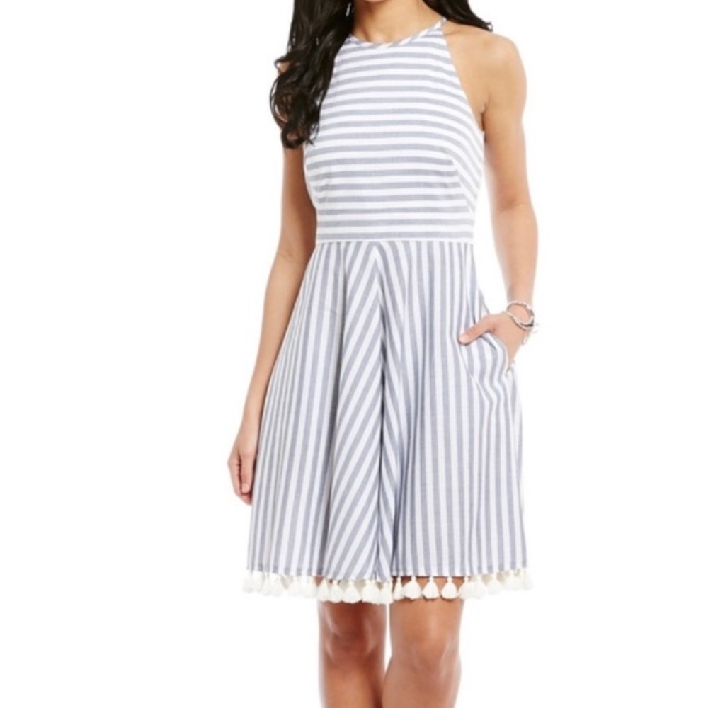 Eliza J Stripe Fit and Flare Tassel Trim Dress